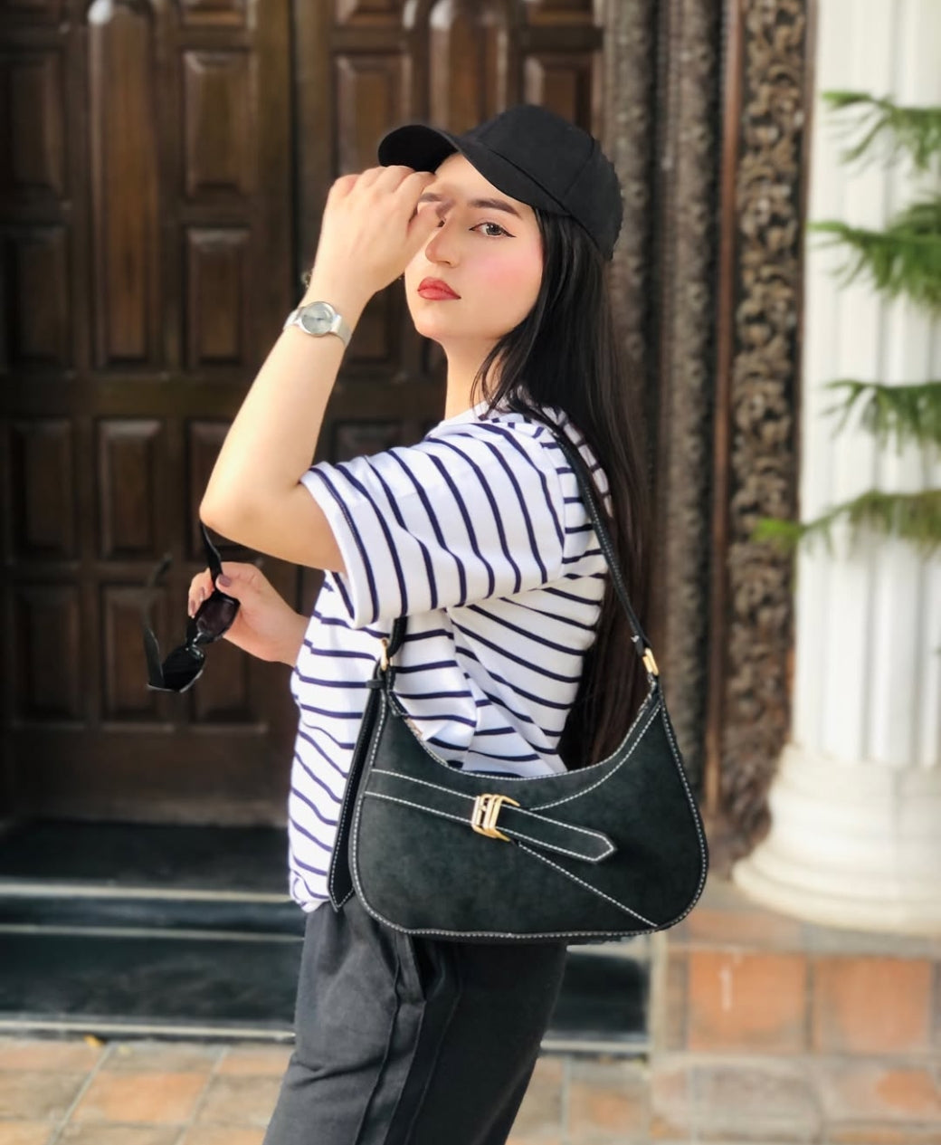 Influencer Edit: Jet Black Wide-Leg Trouser + Striped Tee | Rang Sitaray
