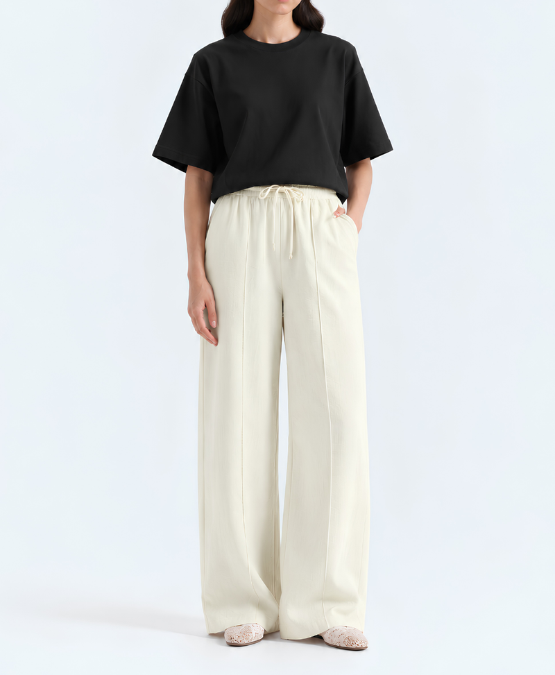 Cream White Front Seam High-Waisted Wide-Leg Trouser (Cotton Crepe Textured) | Rang Sitaray