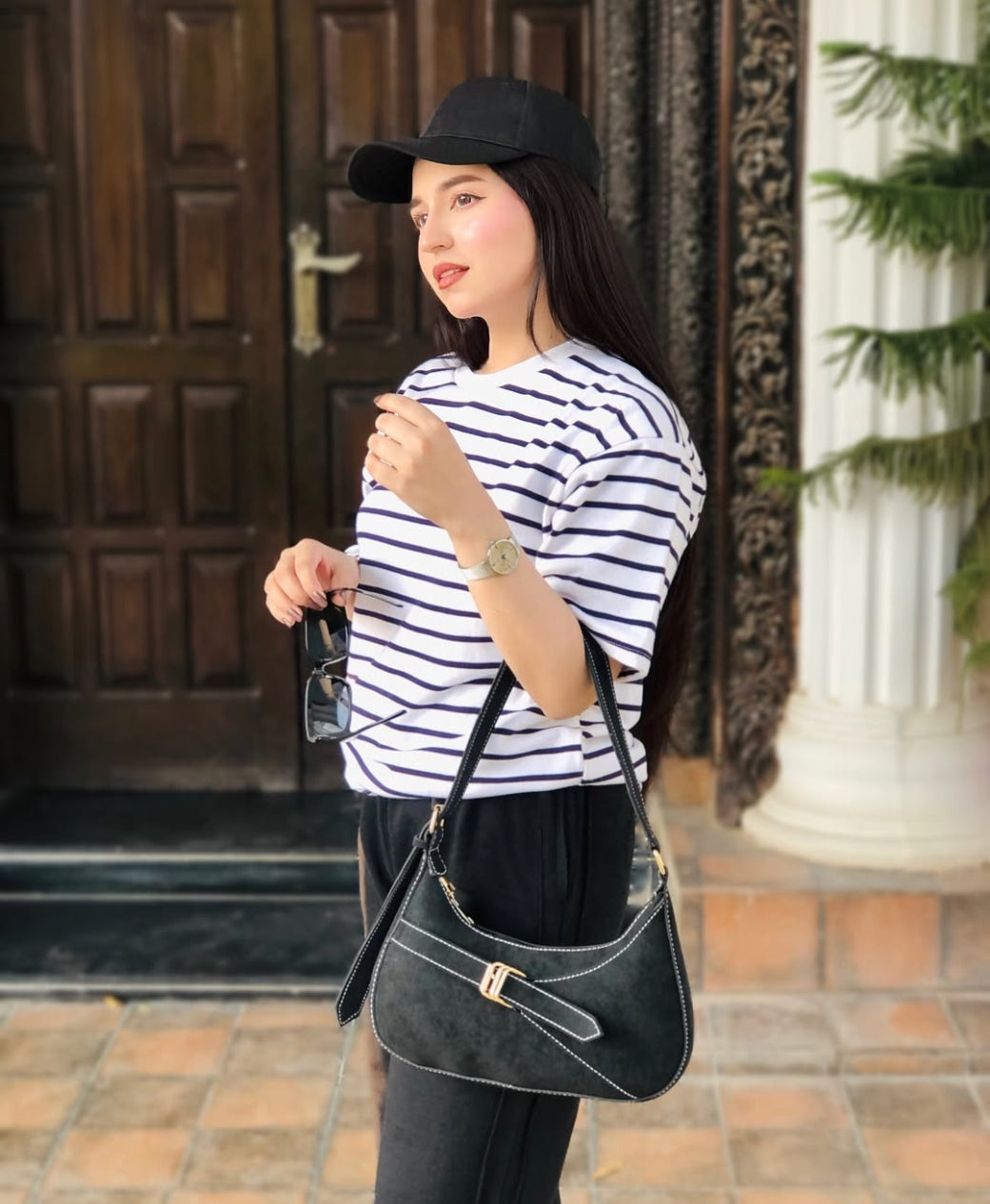 Influencer Edit: Jet Black Wide-Leg Trouser + Striped Tee | Rang Sitaray