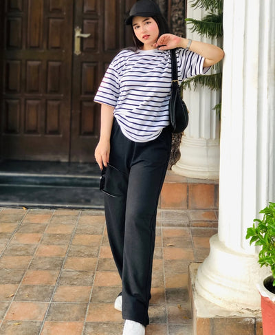 Influencer Edit: Jet Black Wide-Leg Trouser + Striped Tee | Rang Sitaray