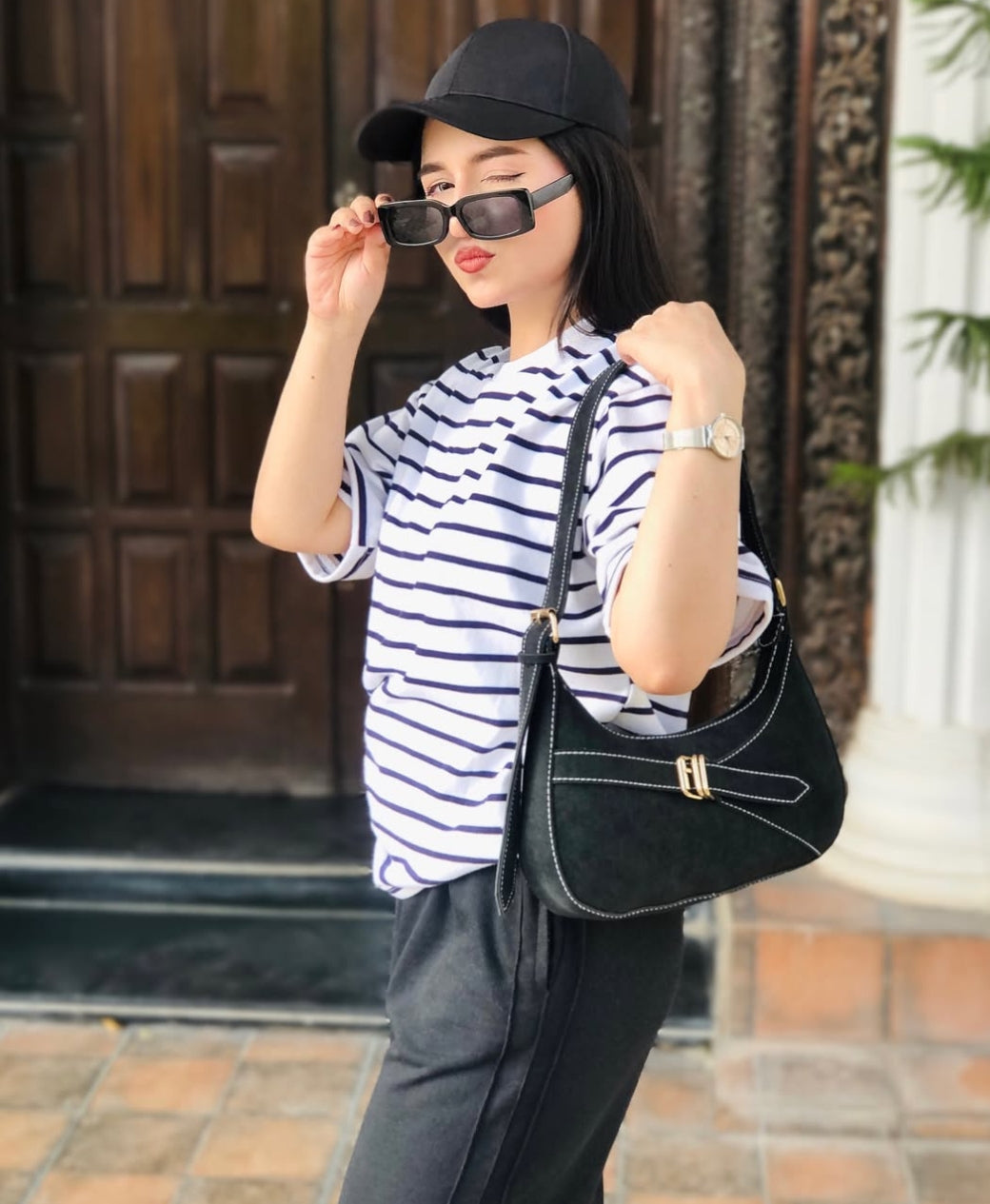 Influencer Edit: Jet Black Wide-Leg Trouser + Striped Tee | Rang Sitaray