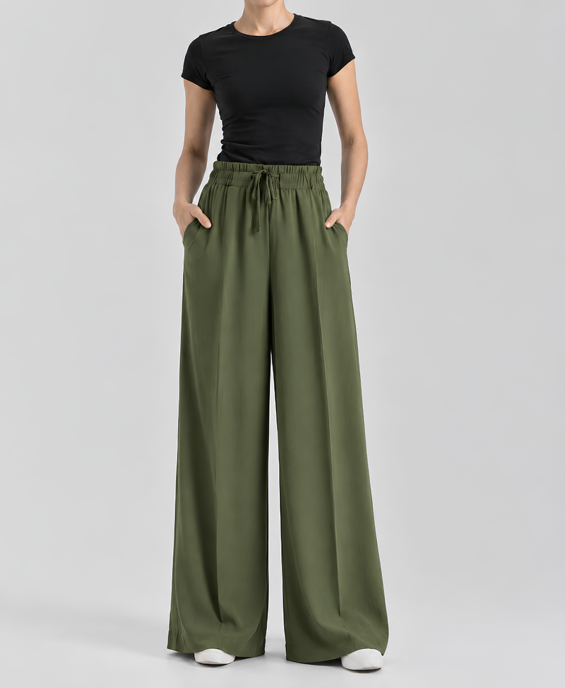 Olive Green High-Waisted Pleated Wide-Leg Trousers | Rang Sitaray