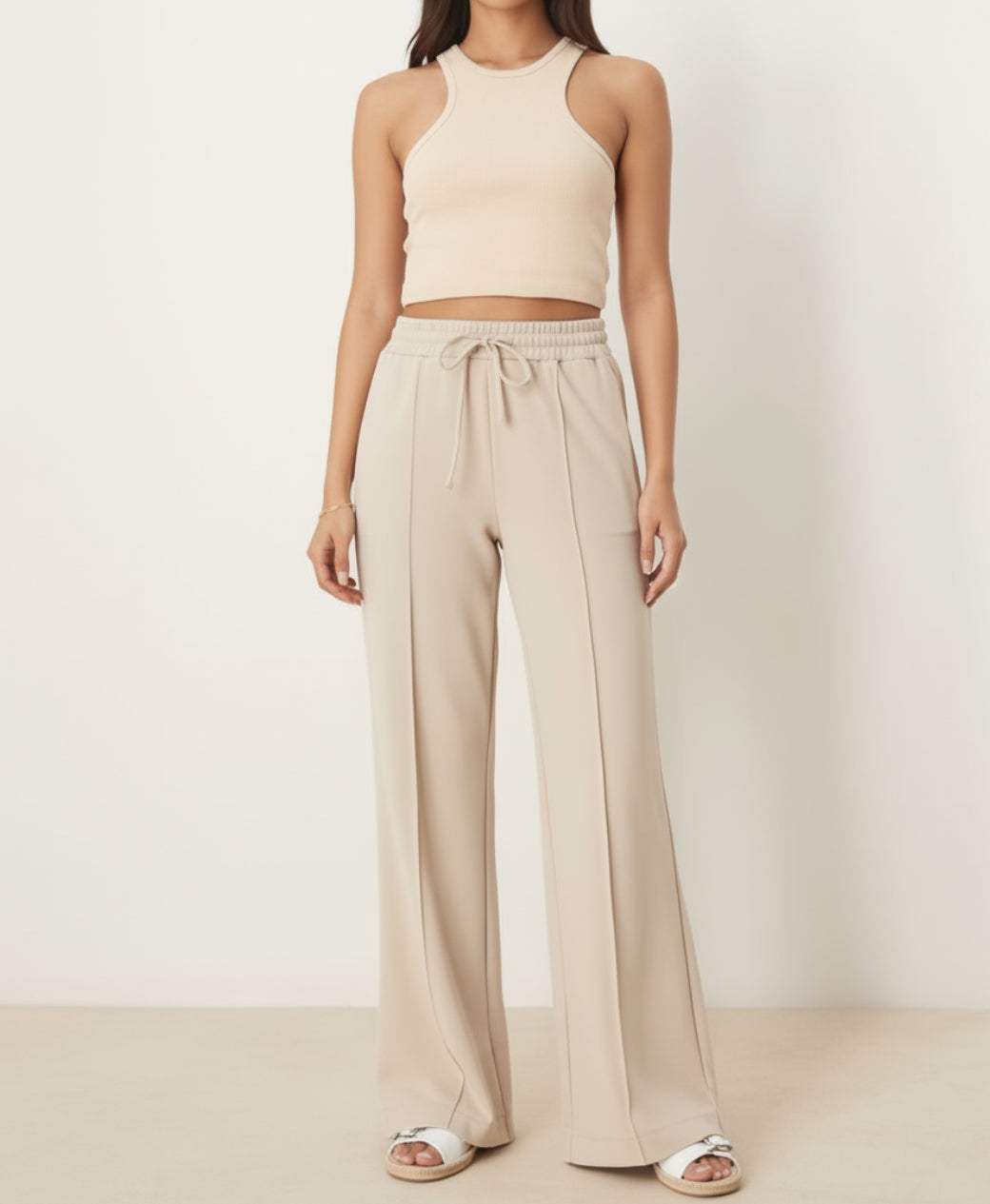 Champagne Beige Front Seam High Waisted Wide-Leg Trouser | Rang Sitaray