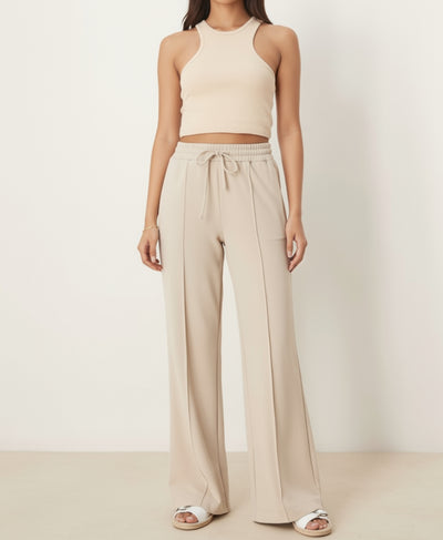Champagne Beige Front Seam High Waisted Wide-Leg Trouser | Rang Sitaray