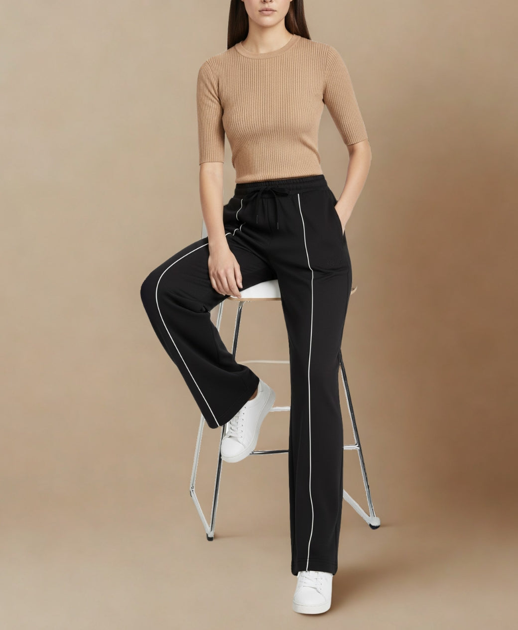 Rang Sitaray | Black Wide Leg High Waisted Trousers with White Front Seam