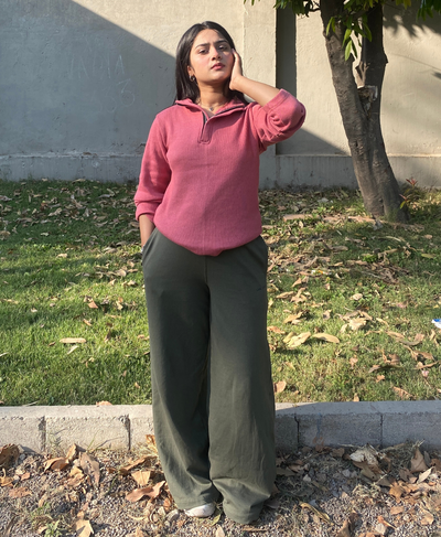 Relaxed Fit Thermal Mock Neck Full Sleeve Zipper - Marsala