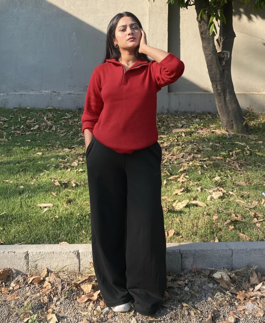 Relaxed Fit Thermal Mock Neck Full Sleeve Zipper - Red