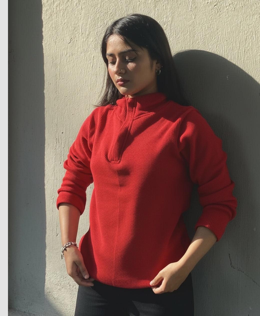 Relaxed Fit Thermal Mock Neck Full Sleeve Zipper - Red