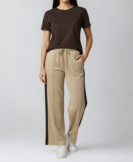 Sandstone Beige Front Seam High Waisted Wide Leg Trousers with Mocha Brown Side Panel | Rang Sitaray