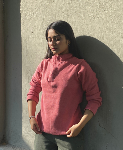 Relaxed Fit Thermal Mock Neck Full Sleeve Zipper - Marsala