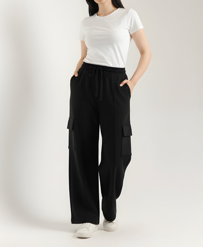 Black High-Waisted Front Seam Cargo Wide-Leg Trousers | Rang Sitaray