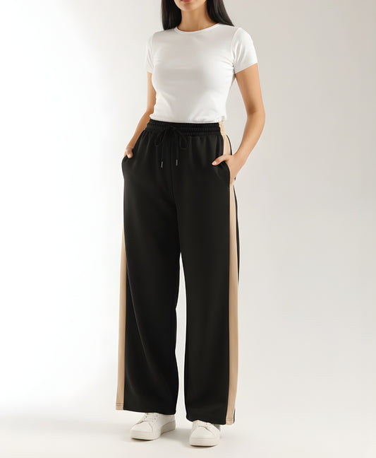 Black High Waisted Wide Leg Trousers with Desert Sand Side Panel | Rang Sitaray