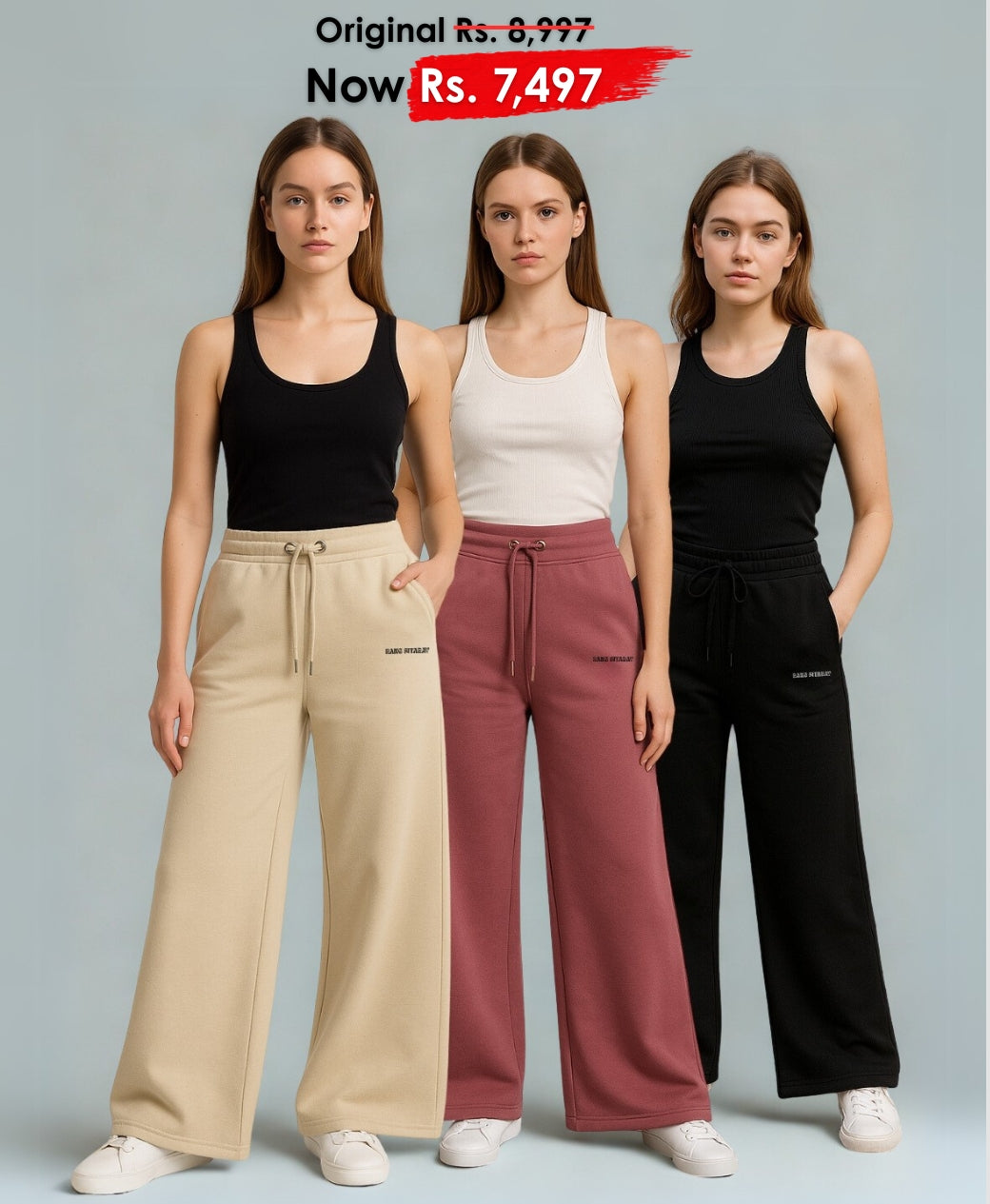 Rang Sitaray Premium Wide-Leg Trousers | Pack of 3 (Marsala, Jet Black, Beige)