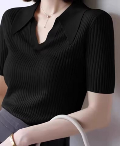 Tailored Black Ribbed Polo Top for Women – Chic Casual T-Shirt | Rang Sitaray