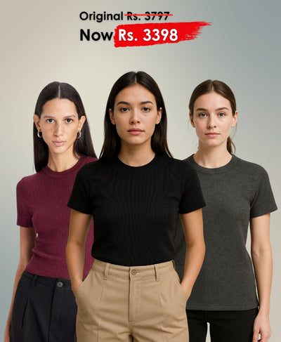 Pack of 3 Rib-Knit Round Neck Tops – Black, Maroon, Charcoal | Rang Sitaray
