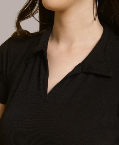 Tailored Black Ribbed Polo Top for Women – Chic Casual T-Shirt | Rang Sitaray