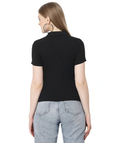 Tailored Black Ribbed Polo Top for Women – Chic Casual T-Shirt | Rang Sitaray