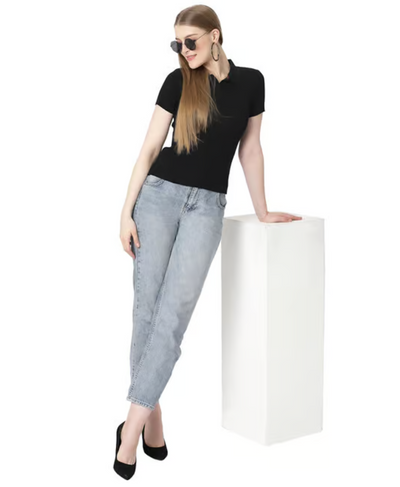 Tailored Black Ribbed Polo Top for Women – Chic Casual T-Shirt | Rang Sitaray