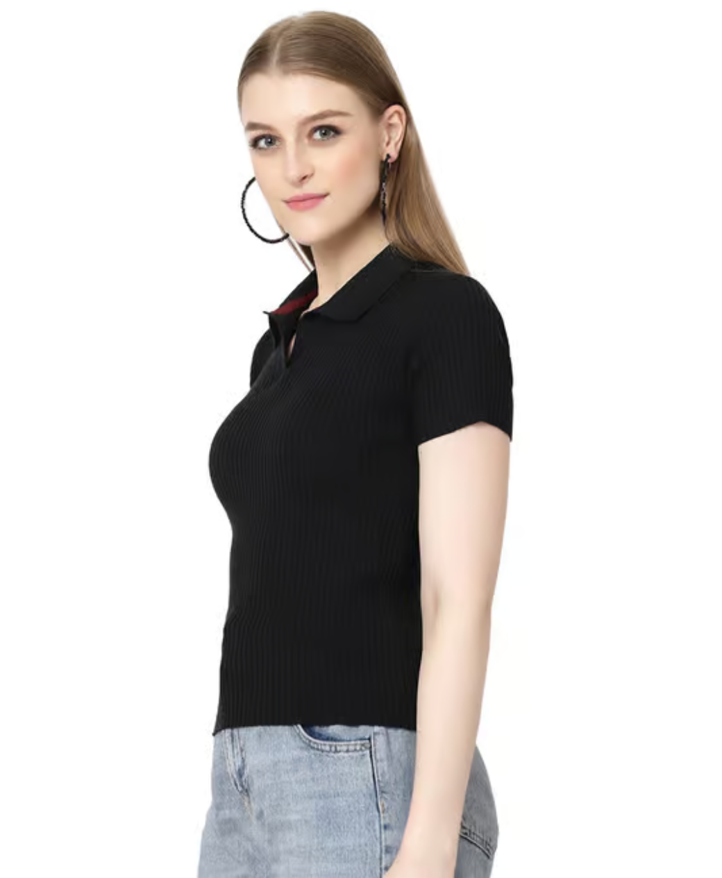Tailored Black Ribbed Polo Top for Women – Chic Casual T-Shirt | Rang Sitaray
