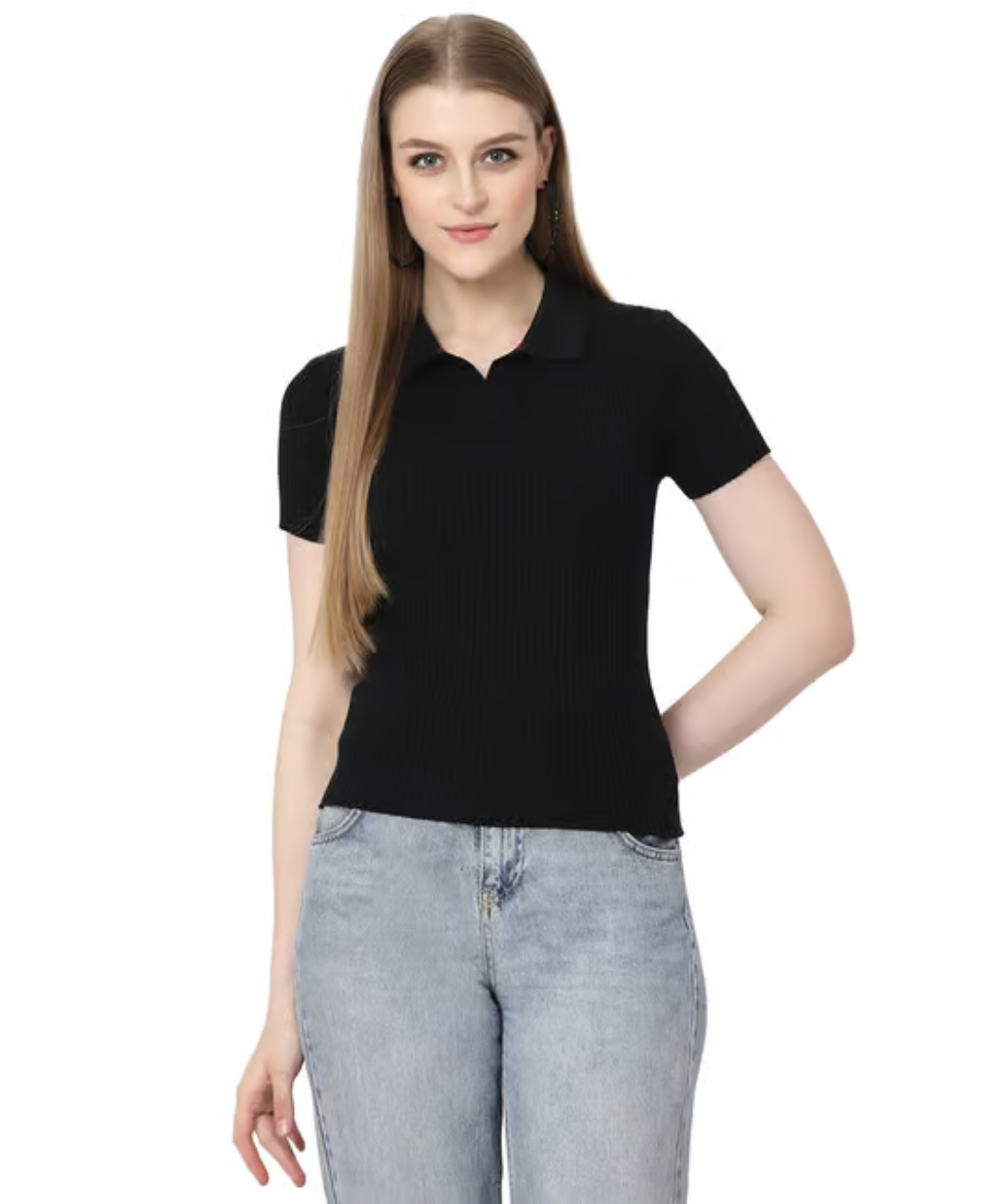 Tailored Black Ribbed Polo Top for Women – Chic Casual T-Shirt | Rang Sitaray