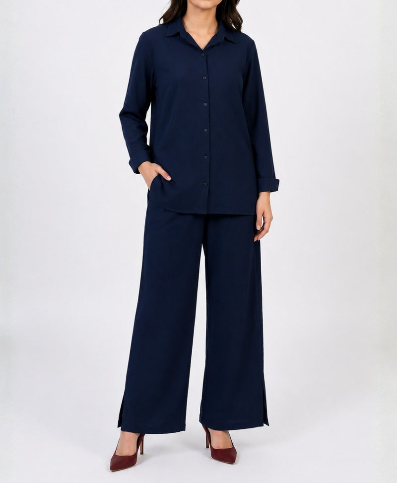 Navy Blue Relaxed Fit Textured Co-Ord Set for Women | Rang Sitaray