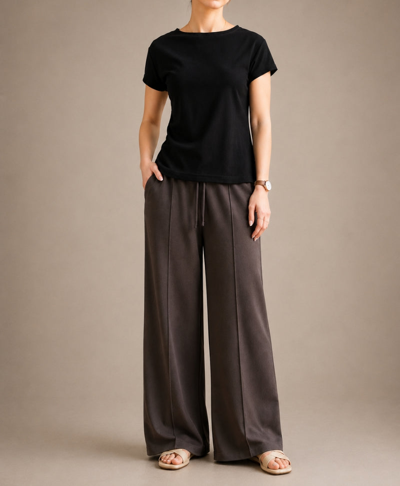 Earthstone Brown Front Seam Wide Leg Trousers (Standard Fit) | Rang Sitaray