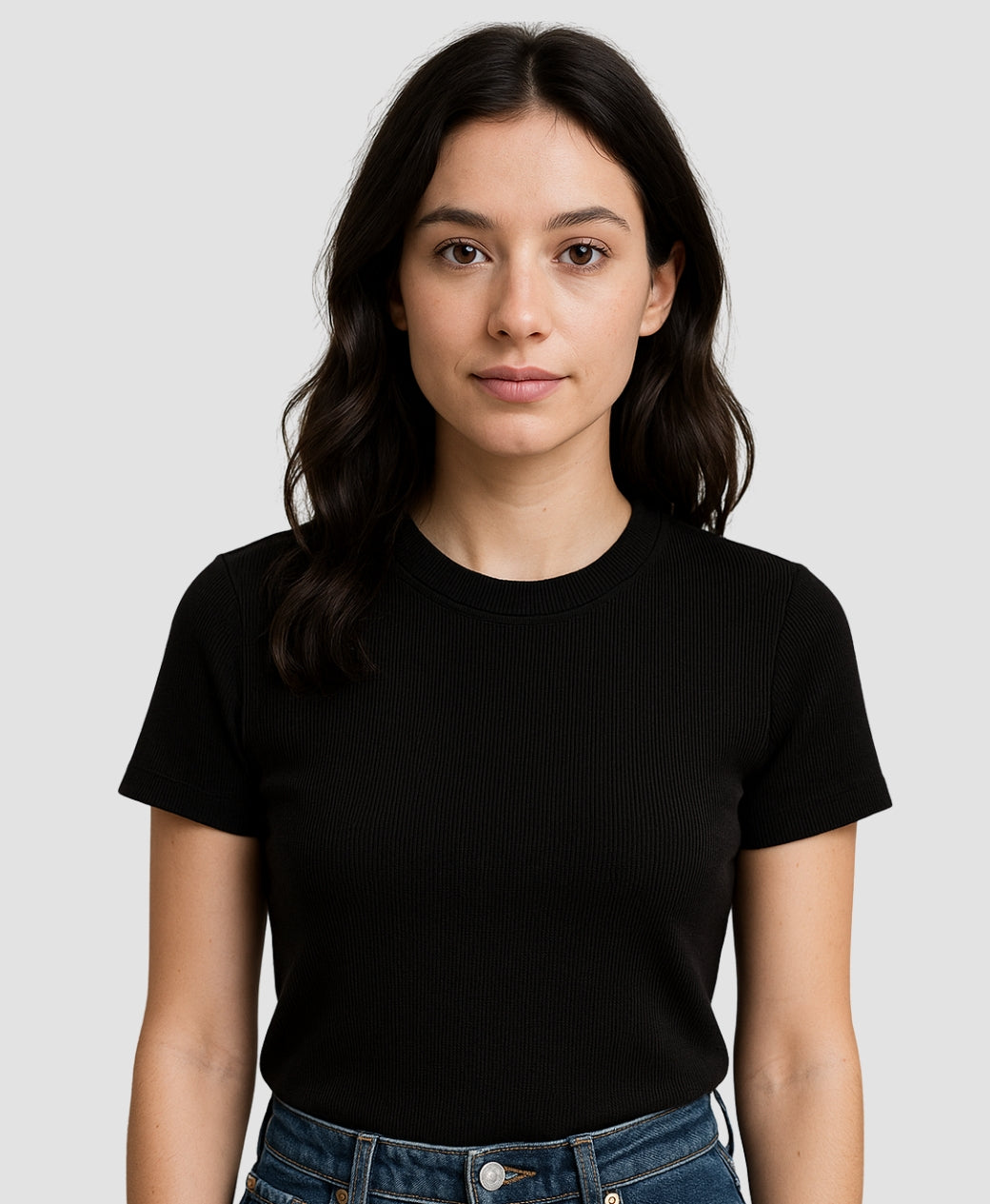 Fitted Black Ribbed Round Neck T-Shirt for Women – Summer Basic Tee | Rang Sitaray