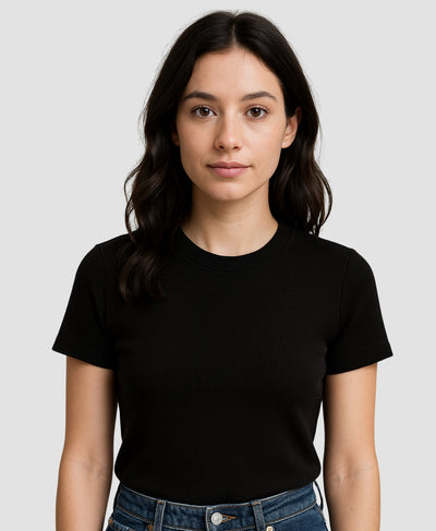 Fitted Black Ribbed Round Neck T-Shirt for Women – Summer Basic Tee | Rang Sitaray