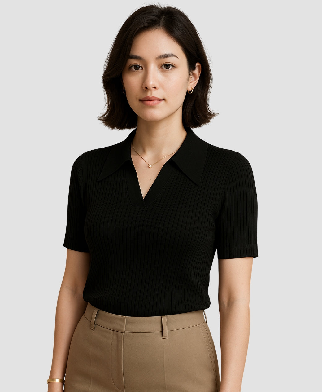 Tailored Black Ribbed Polo Top for Women – Chic Casual T-Shirt | Rang Sitaray