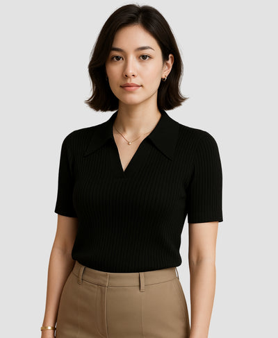 Tailored Black Ribbed Polo Top for Women – Chic Casual T-Shirt | Rang Sitaray
