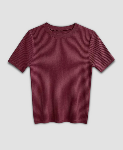 Maroon Ribbed Round Neck T-Shirt for Women - Chic Fitted Summer Top | Rang Sitaray