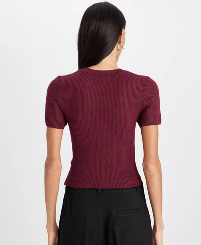 Maroon Ribbed Round Neck T-Shirt for Women - Chic Fitted Summer Top | Rang Sitaray