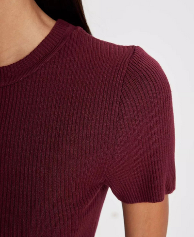 Maroon Ribbed Round Neck T-Shirt for Women - Chic Fitted Summer Top | Rang Sitaray