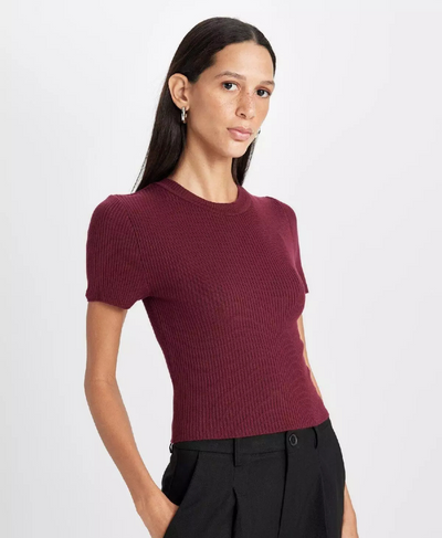 Maroon Ribbed Round Neck T-Shirt for Women - Chic Fitted Summer Top | Rang Sitaray