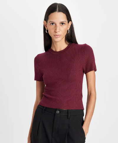 Maroon Ribbed Round Neck T-Shirt for Women - Chic Fitted Summer Top | Rang Sitaray