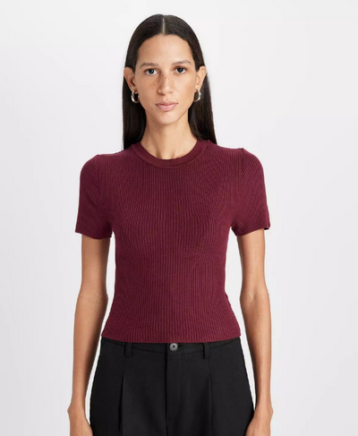 Maroon Ribbed Round Neck T-Shirt for Women - Chic Fitted Summer Top | Rang Sitaray