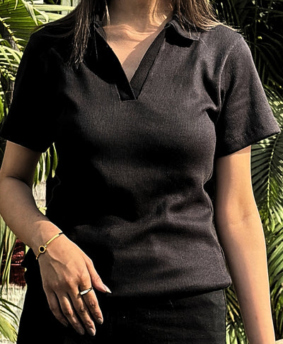 Tailored Black Ribbed Polo Top for Women – Chic Casual T-Shirt | Rang Sitaray