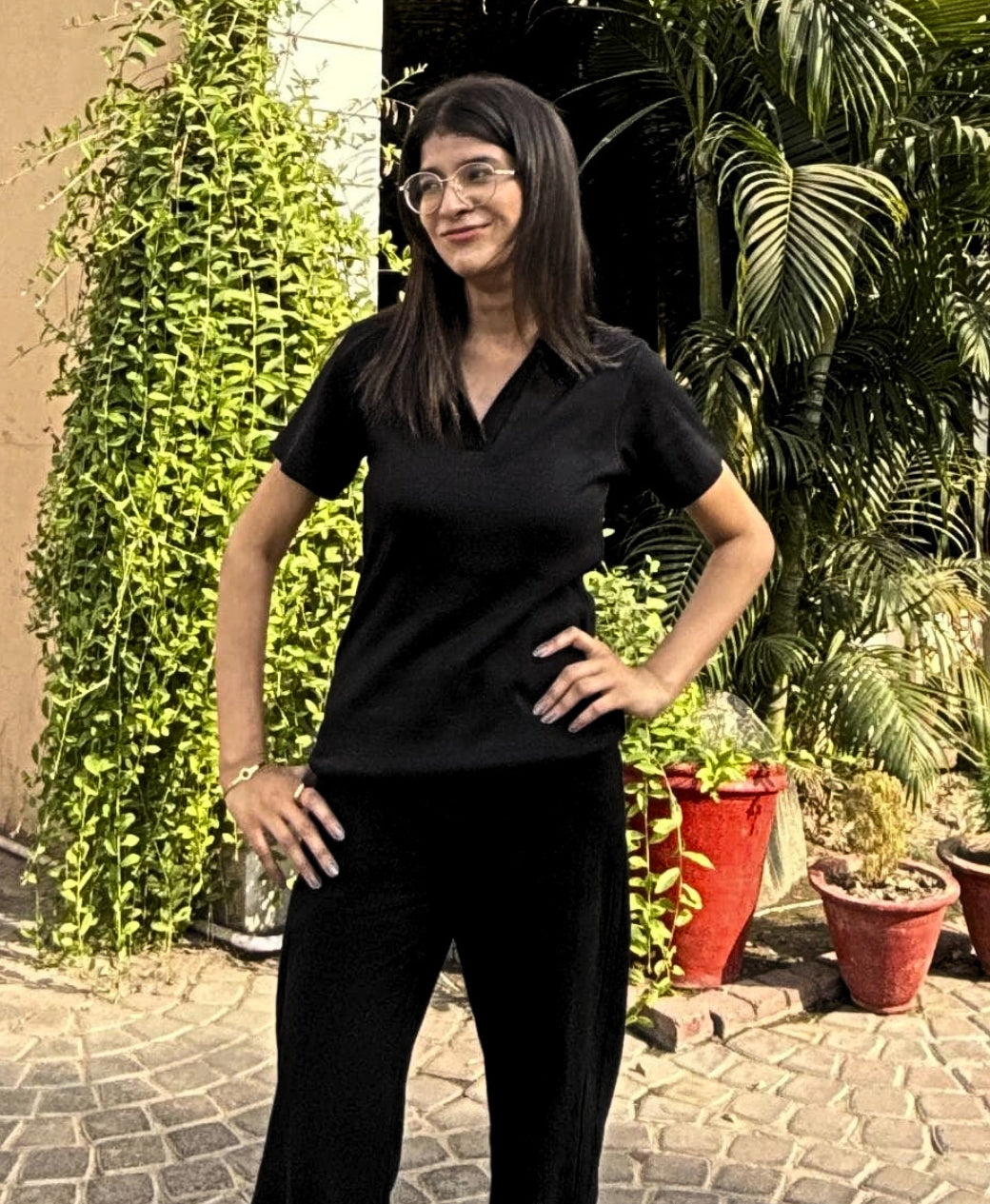 Tailored Black Ribbed Polo Top for Women – Chic Casual T-Shirt | Rang Sitaray