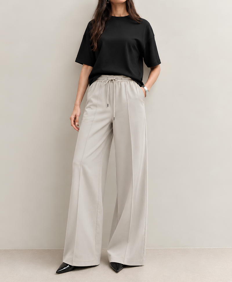 Stone Beige Front Seam High-Waisted Wide-Leg Trouser (Moss Crepe) | Rang Sitaray