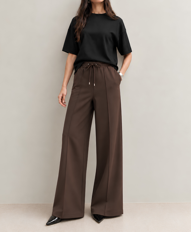 Chocolate Brown Front Seam High-Waisted Wide-Leg Trouser (Moss Crepe) | Rang Sitaray