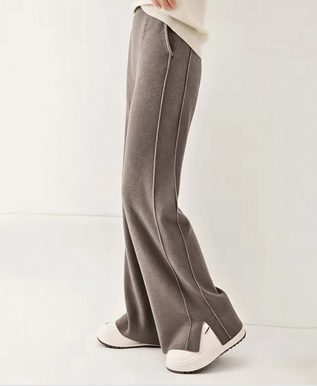Rang Sitaray Mocha Luxe Side-Slit Wide-Leg Trousers – Double Seam Detailing