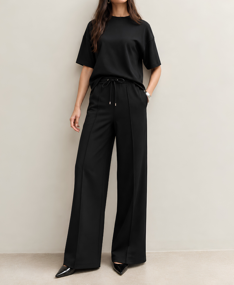 Pure Black Front Seam High-Waisted Wide-Leg Trouser (Moss Crepe) | Rang Sitaray