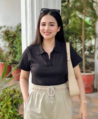 Influencer Look: Buttermilk Beige Wide-Leg + Black Ribbed Polo | Rang Sitaray