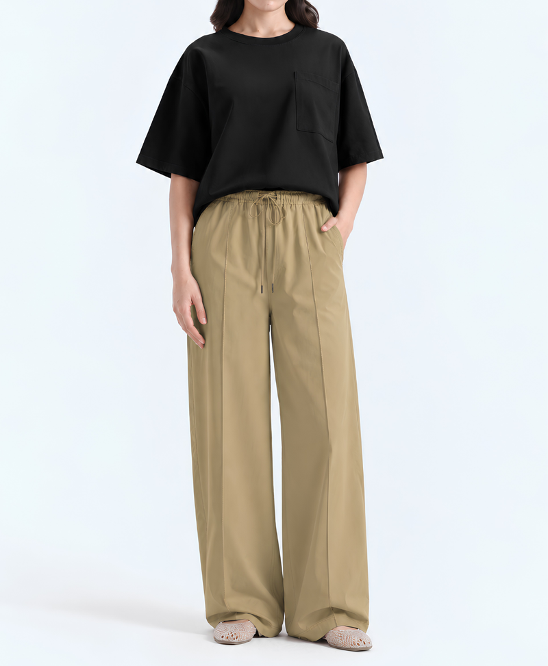 Camel Beige Front Seam High-Waisted Wide-Leg Trouser (Cotton Crepe Textured) | Rang Sitaray