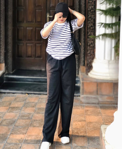 Influencer Edit: Jet Black Wide-Leg Trouser + Striped Tee | Rang Sitaray