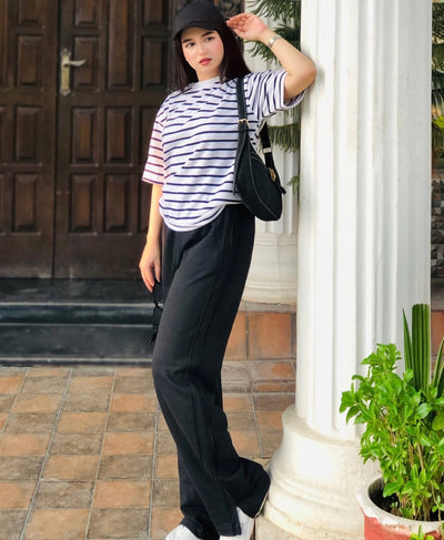 Influencer Edit: Jet Black Wide-Leg Trouser + Striped Tee | Rang Sitaray