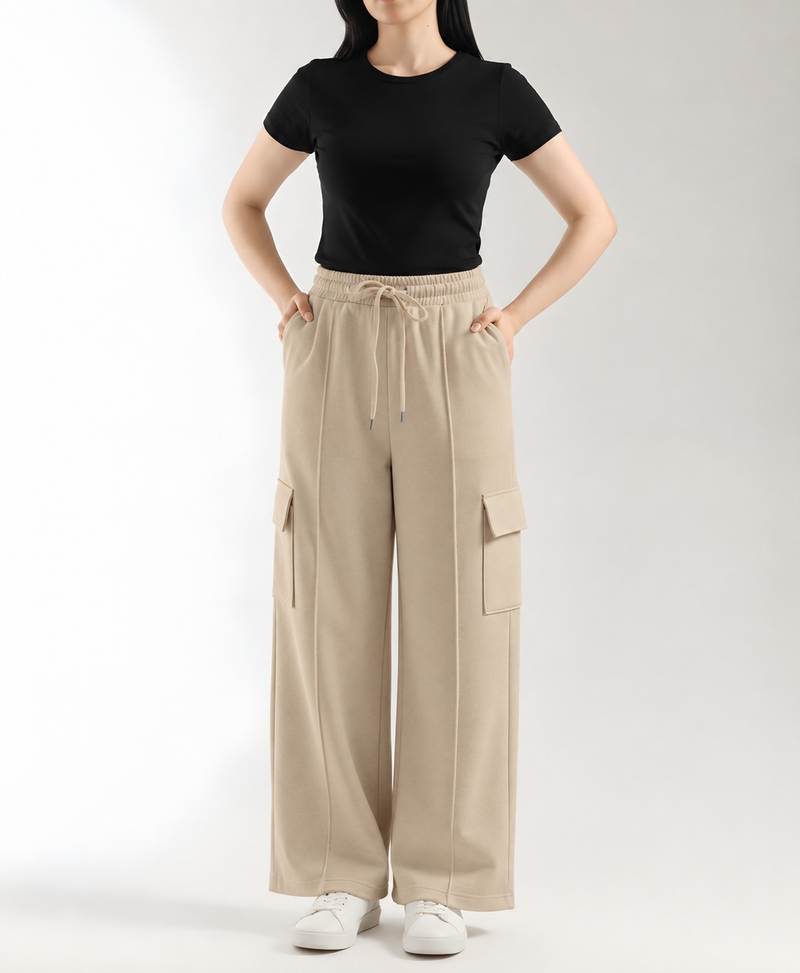 Champagne Beige High-Waisted Front Seam Cargo Wide-Leg Trousers | Rang Sitaray