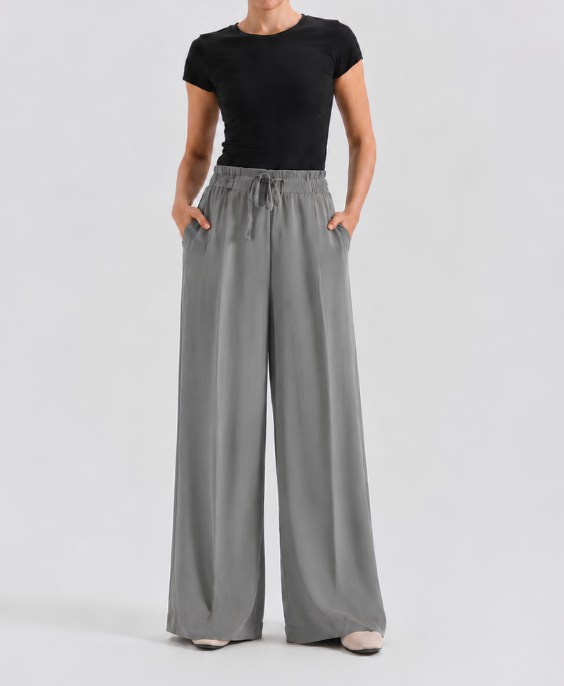 Frosted Grey High-Waisted Pleated Wide-Leg Trousers for Women | Rang Sitaray