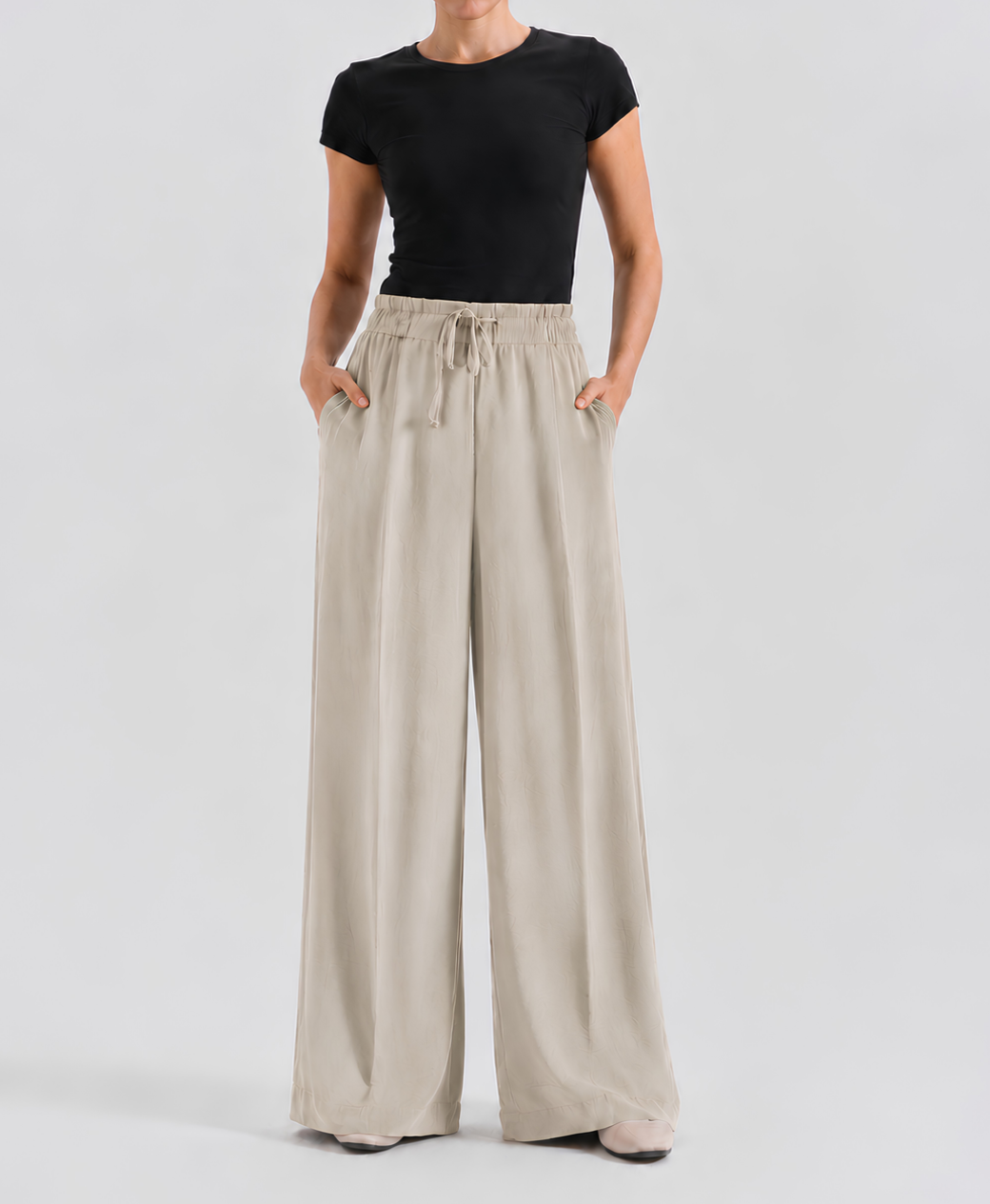 Stone Greige High-Waisted Pleated Wide-Leg Trousers for Women | Rang Sitaray
