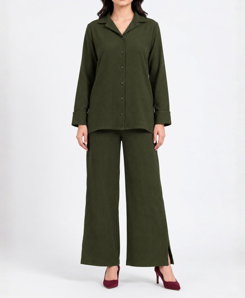 Woodland Olive Relaxed Fit Textured Co-Ord Set for Women with Collared Shirt and Wide Leg Pants | Rang Sitaray